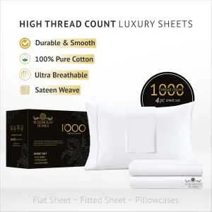 Bluemoon Homes King Size Egyptian Cotton Sheets,1000 Thread Count, 4Pc King Size Sheets Set, Smooth Sateen Weave King Sheets, 18" Deep Pocket, Ultra Luxury Sheet, King Sheet Set - White Sheets