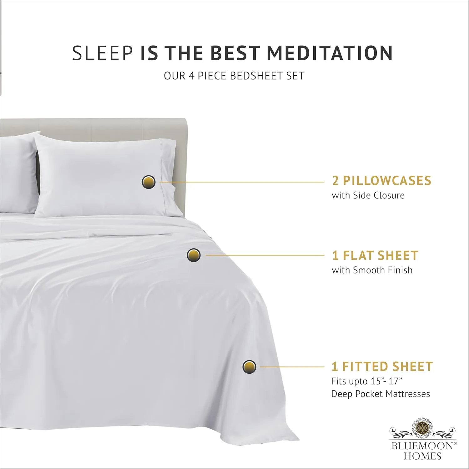 Bluemoon Homes King Size Egyptian Cotton Sheets,1000 Thread Count, 4Pc King Size Sheets Set, Smooth Sateen Weave King Sheets, 18" Deep Pocket, Ultra Luxury Sheet, King Sheet Set - White Sheets