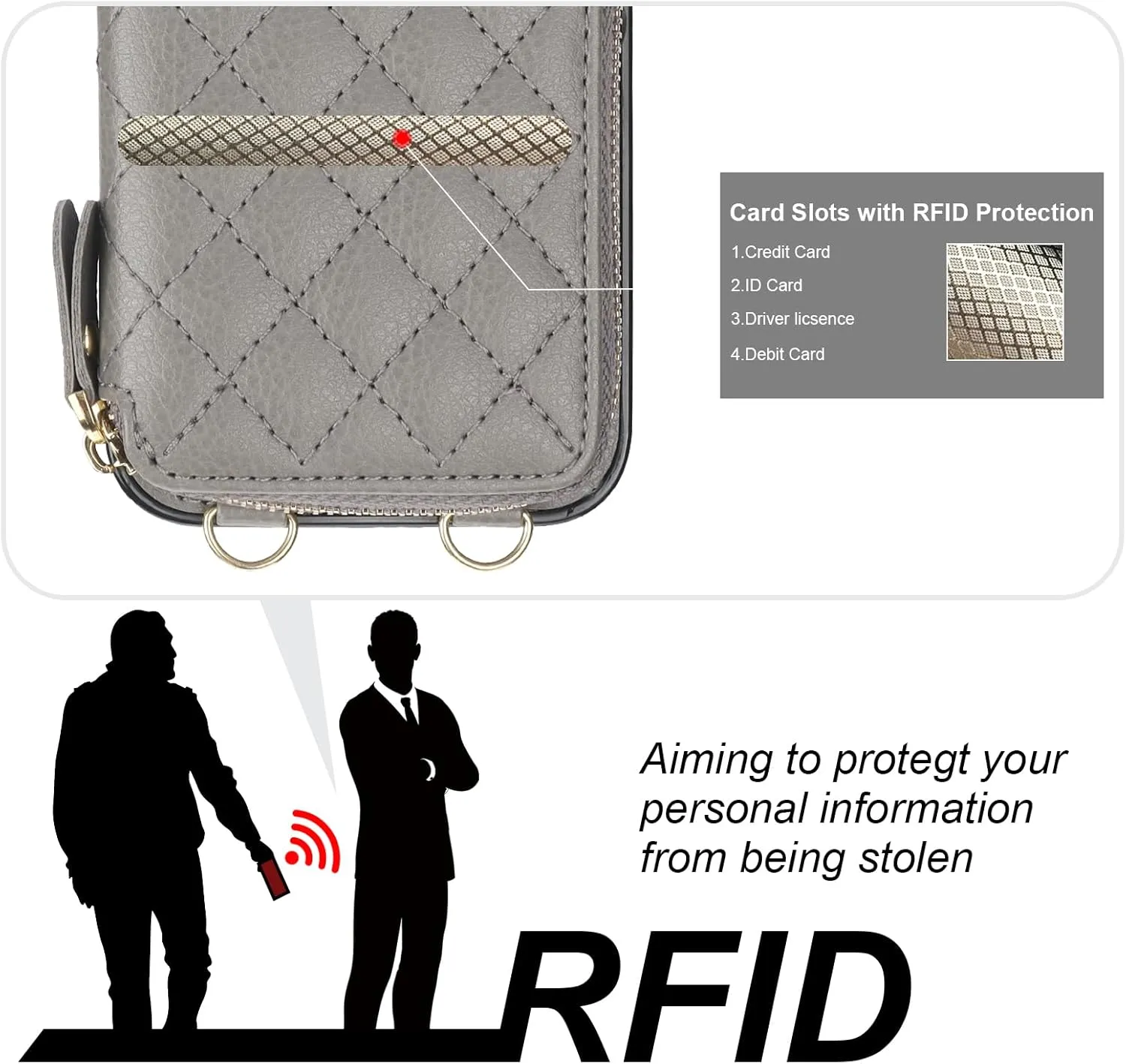 Bocasal Crossbody Wallet Case for iPhone 13, RFID Blocking PU Leather Zipper Handbag Purse Flip Cover, Kickstand Folio Case with Card Slots Holder Wrist Strap Lanyard 5G 6.1 Inch (Grey)