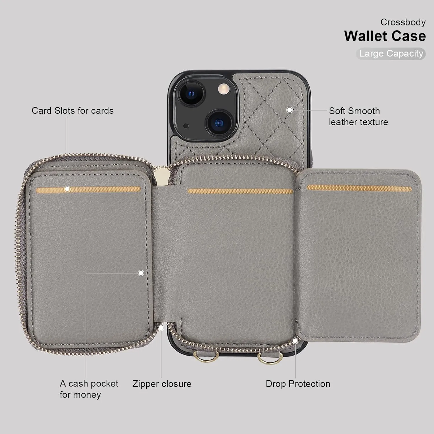 Bocasal Crossbody Wallet Case for iPhone 13, RFID Blocking PU Leather Zipper Handbag Purse Flip Cover, Kickstand Folio Case with Card Slots Holder Wrist Strap Lanyard 5G 6.1 Inch (Grey)
