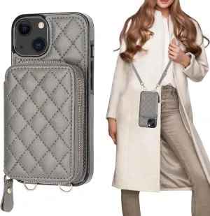 Bocasal Crossbody Wallet Case for iPhone 13, RFID Blocking PU Leather Zipper Handbag Purse Flip Cover, Kickstand Folio Case with Card Slots Holder Wrist Strap Lanyard 5G 6.1 Inch (Grey)