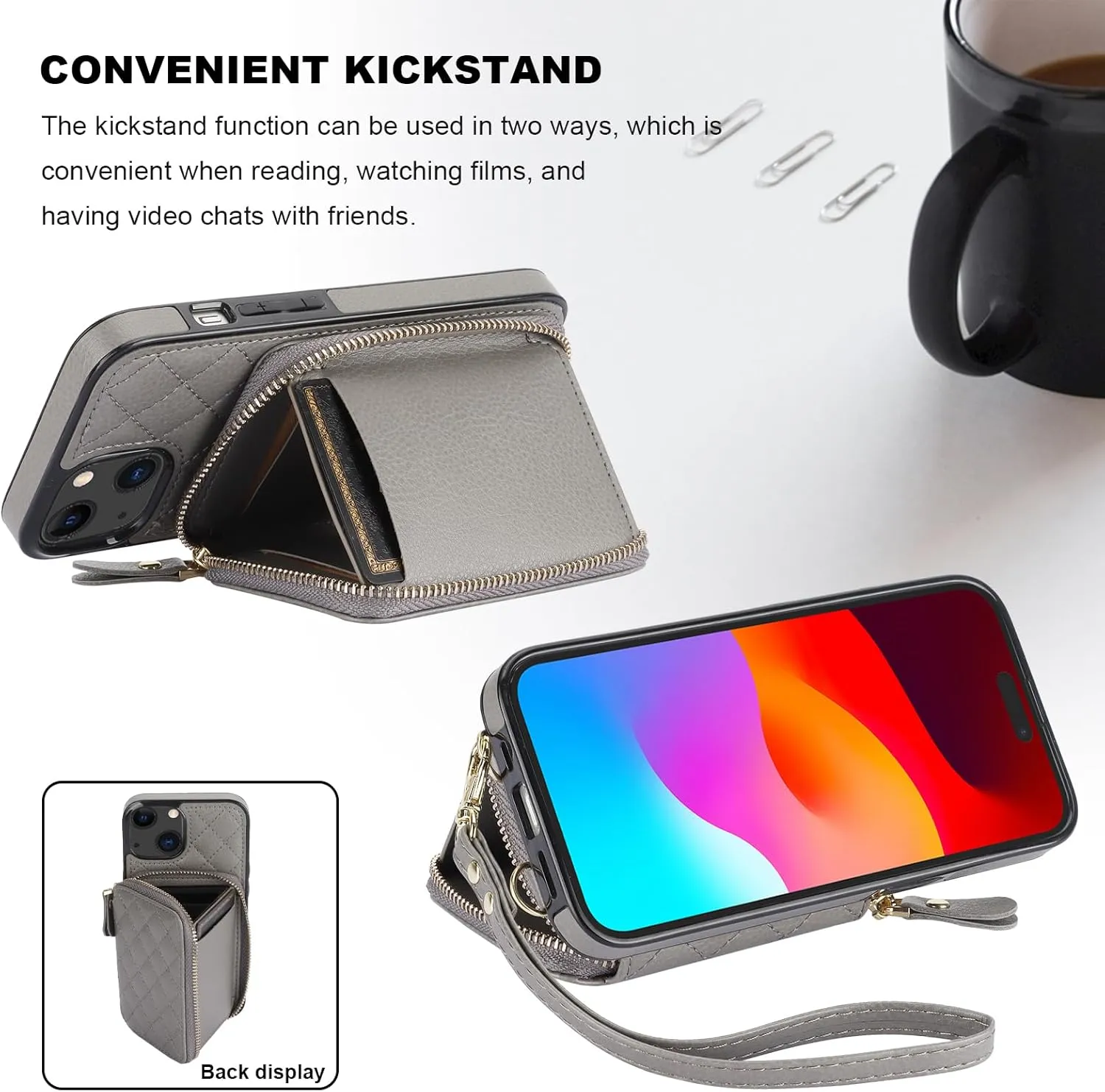 Bocasal Crossbody Wallet Case for iPhone 13, RFID Blocking PU Leather Zipper Handbag Purse Flip Cover, Kickstand Folio Case with Card Slots Holder Wrist Strap Lanyard 5G 6.1 Inch (Grey)
