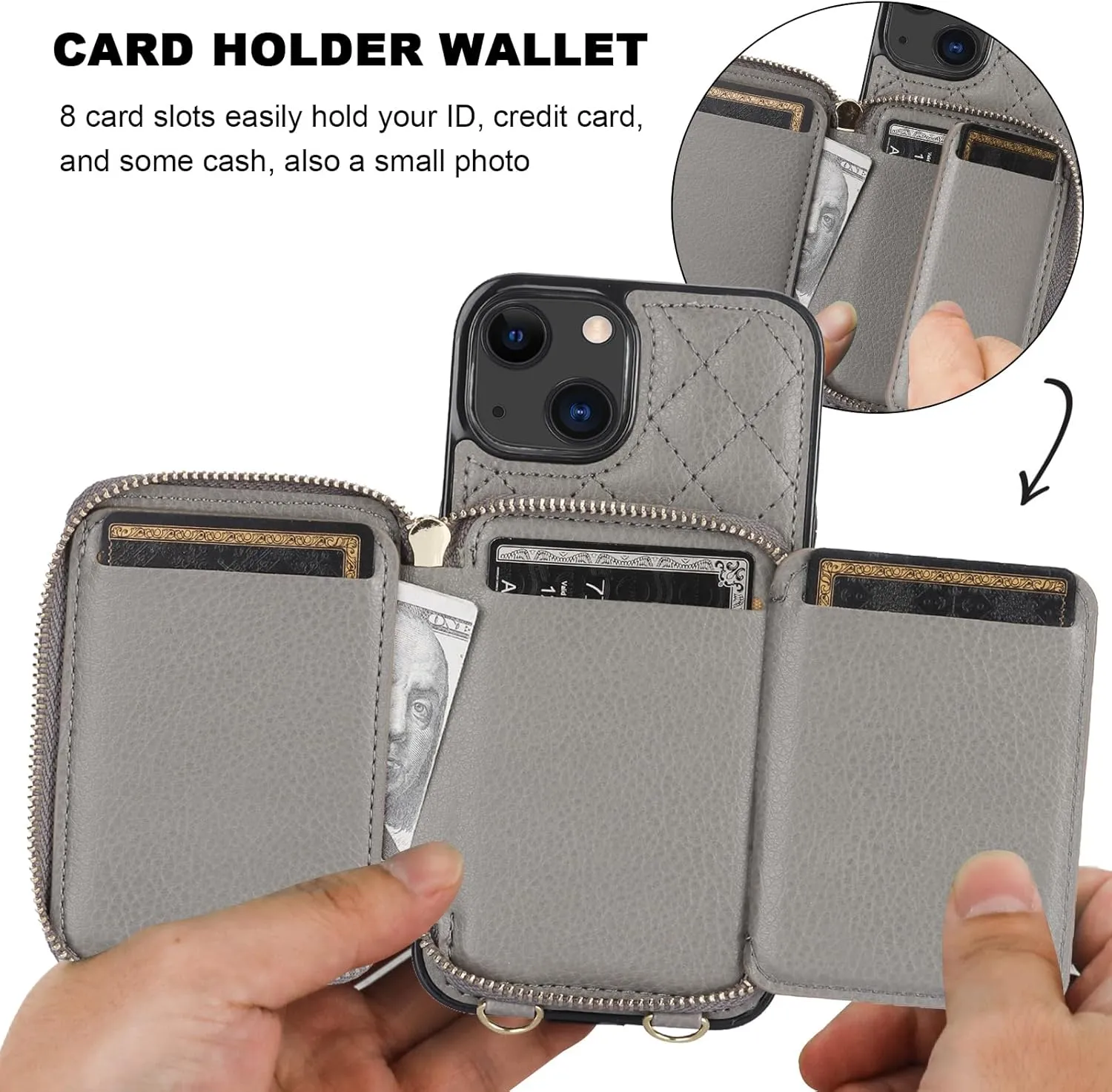 Bocasal Crossbody Wallet Case for iPhone 13, RFID Blocking PU Leather Zipper Handbag Purse Flip Cover, Kickstand Folio Case with Card Slots Holder Wrist Strap Lanyard 5G 6.1 Inch (Grey)