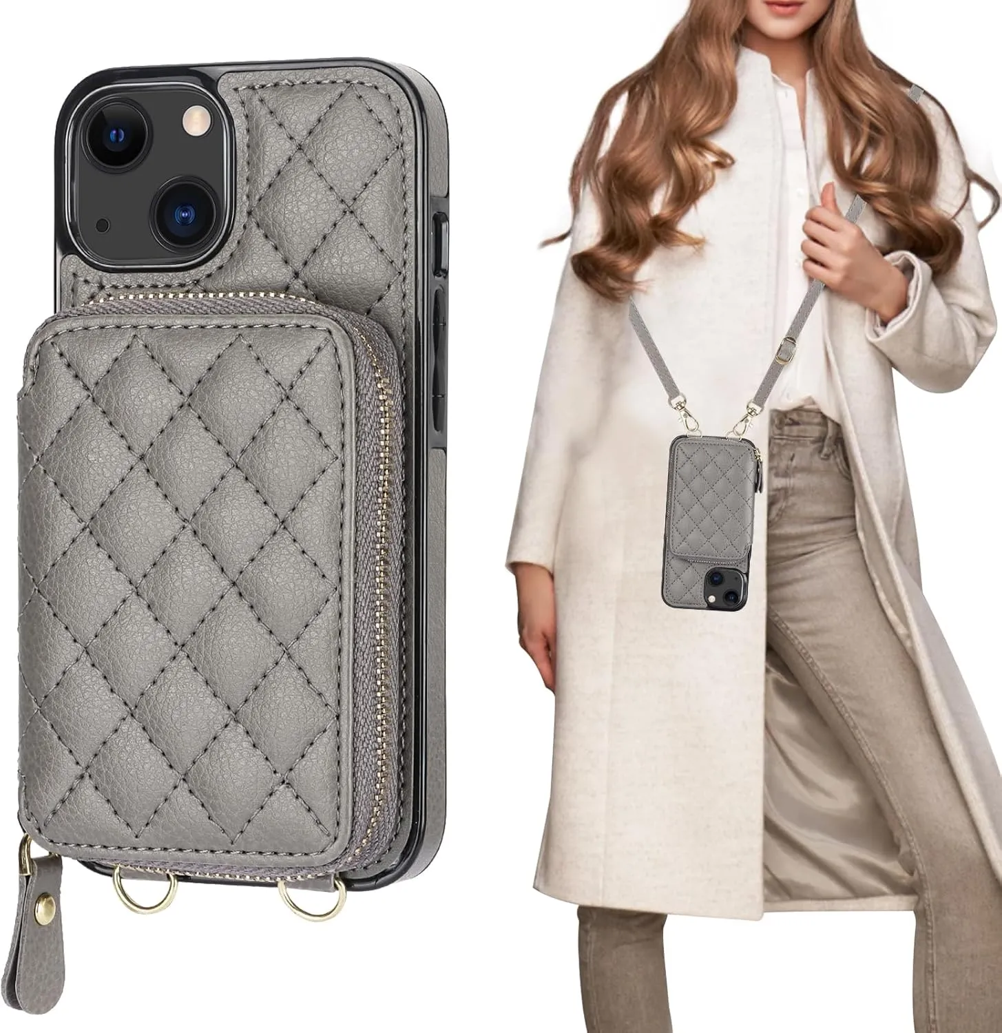 Bocasal Crossbody Wallet Case for iPhone 13, RFID Blocking PU Leather Zipper Handbag Purse Flip Cover, Kickstand Folio Case with Card Slots Holder Wrist Strap Lanyard 5G 6.1 Inch (Grey)