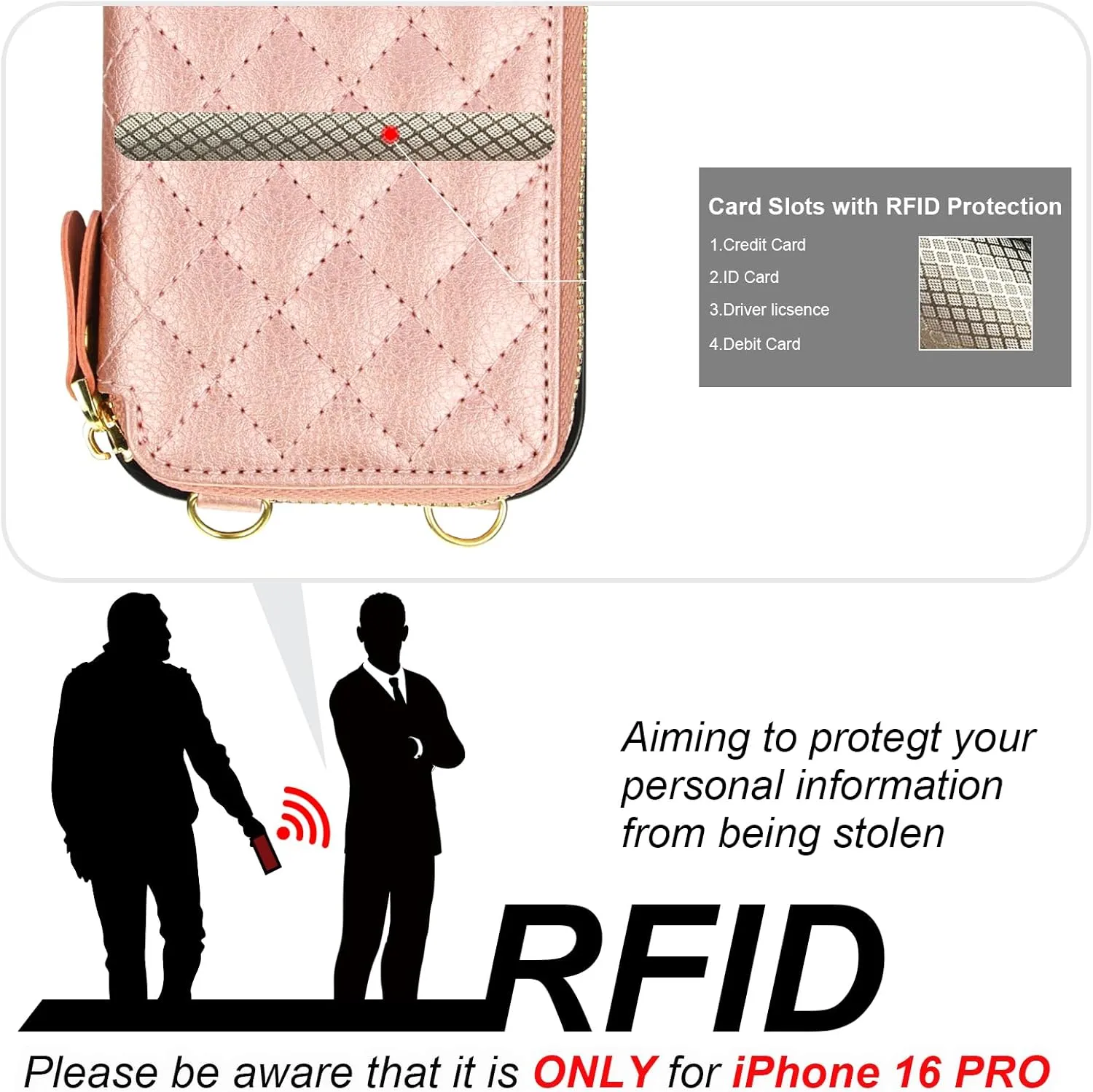 Bocasal Crossbody Wallet Case for iPhone 16 Pro, RFID Blocking PU Leather Zipper Handbag Purse Flip Cover, Kickstand Folio Case with Card Slots Holder Wrist Strap Lanyard 5G 6.3 Inch (Rose Gold)