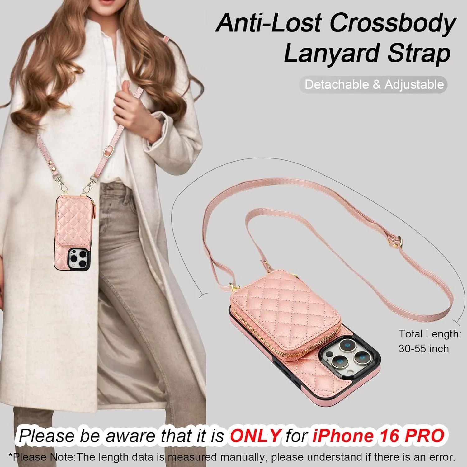 Bocasal Crossbody Wallet Case for iPhone 16 Pro, RFID Blocking PU Leather Zipper Handbag Purse Flip Cover, Kickstand Folio Case with Card Slots Holder Wrist Strap Lanyard 5G 6.3 Inch (Rose Gold)