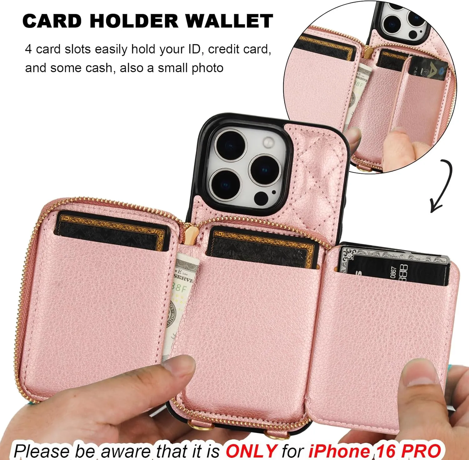 Bocasal Crossbody Wallet Case for iPhone 16 Pro, RFID Blocking PU Leather Zipper Handbag Purse Flip Cover, Kickstand Folio Case with Card Slots Holder Wrist Strap Lanyard 5G 6.3 Inch (Rose Gold)