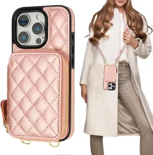 Bocasal Crossbody Wallet Case for iPhone 16 Pro, RFID Blocking PU Leather Zipper Handbag Purse Flip Cover, Kickstand Folio Case with Card Slots Holder Wrist Strap Lanyard 5G 6.3 Inch (Rose Gold)