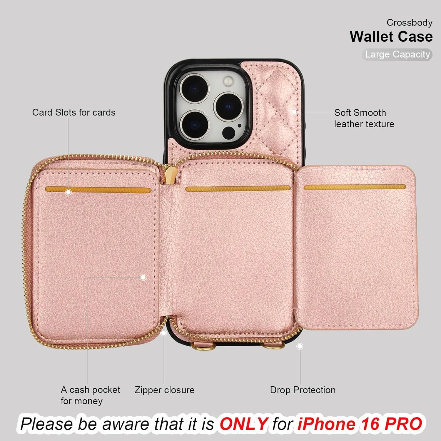 Bocasal Crossbody Wallet Case for iPhone 16 Pro, RFID Blocking PU Leather Zipper Handbag Purse Flip Cover, Kickstand Folio Case with Card Slots Holder Wrist Strap Lanyard 5G 6.3 Inch (Rose Gold)