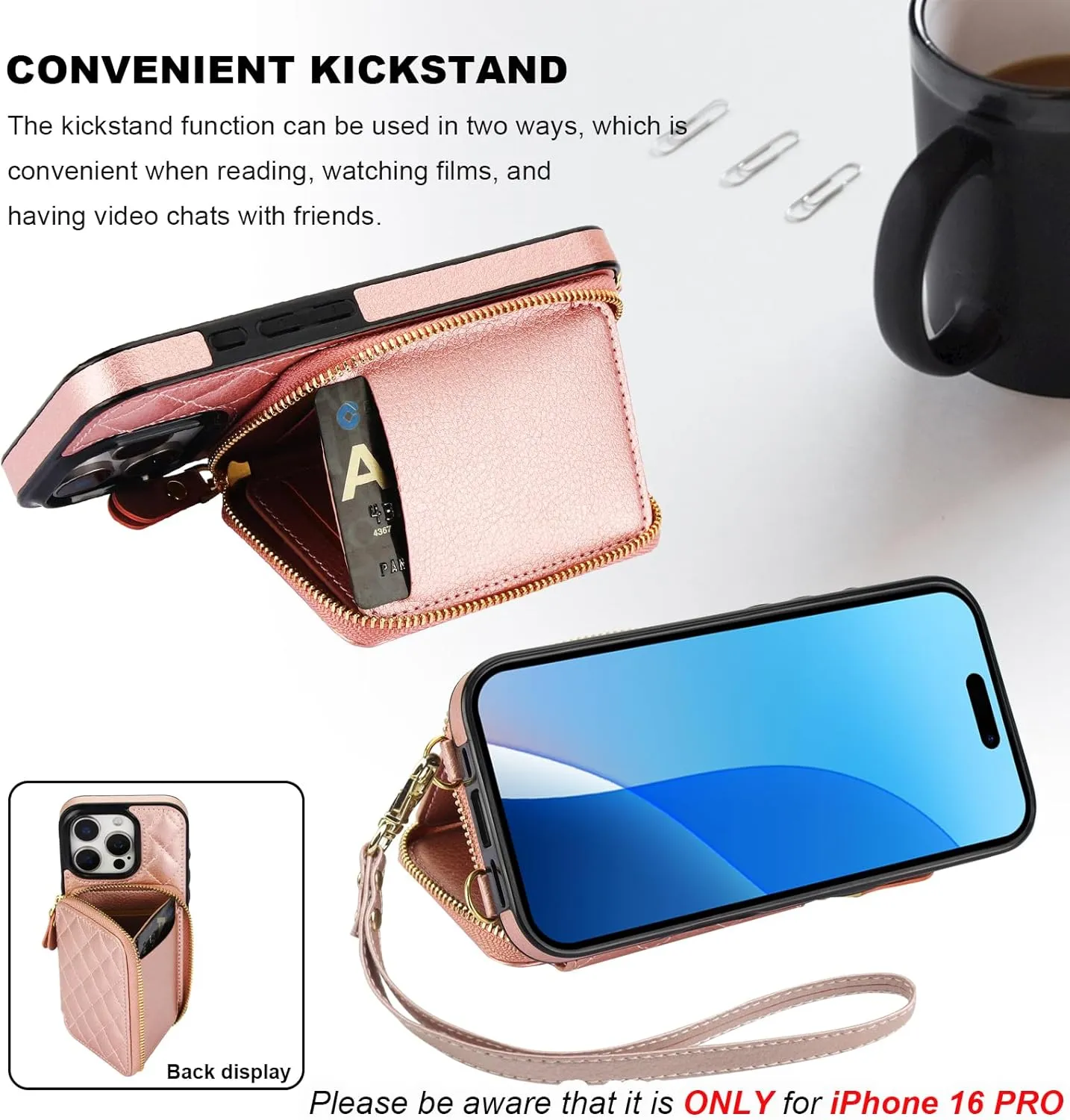 Bocasal Crossbody Wallet Case for iPhone 16 Pro, RFID Blocking PU Leather Zipper Handbag Purse Flip Cover, Kickstand Folio Case with Card Slots Holder Wrist Strap Lanyard 5G 6.3 Inch (Rose Gold)