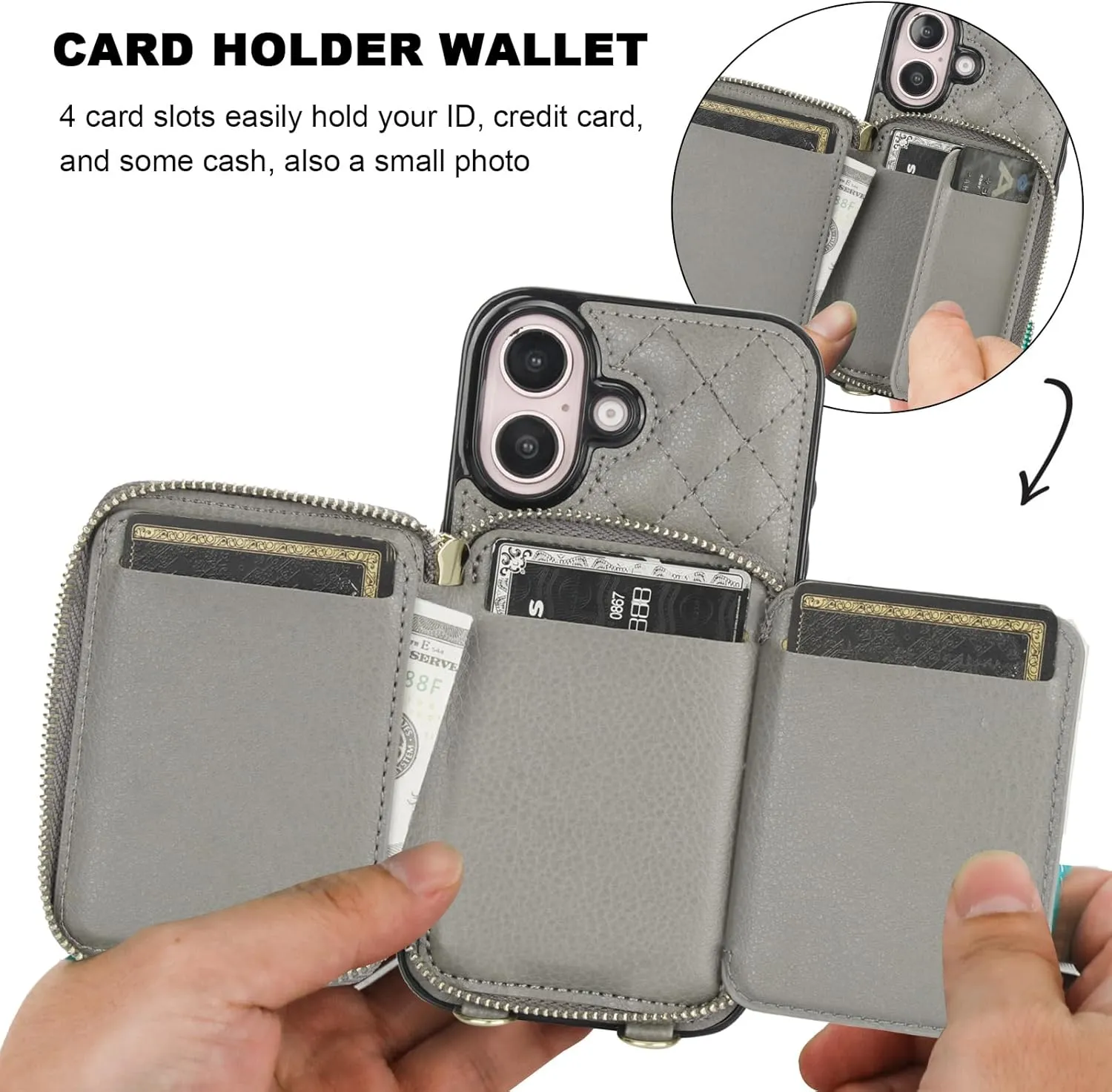 Bocasal Crossbody Wallet Case for iPhone 16, RFID Blocking PU Leather Zipper Handbag Purse Flip Cover, Kickstand Folio Case with Card Slots Holder Wrist Strap Lanyard 5G 6.1 Inch (Grey)