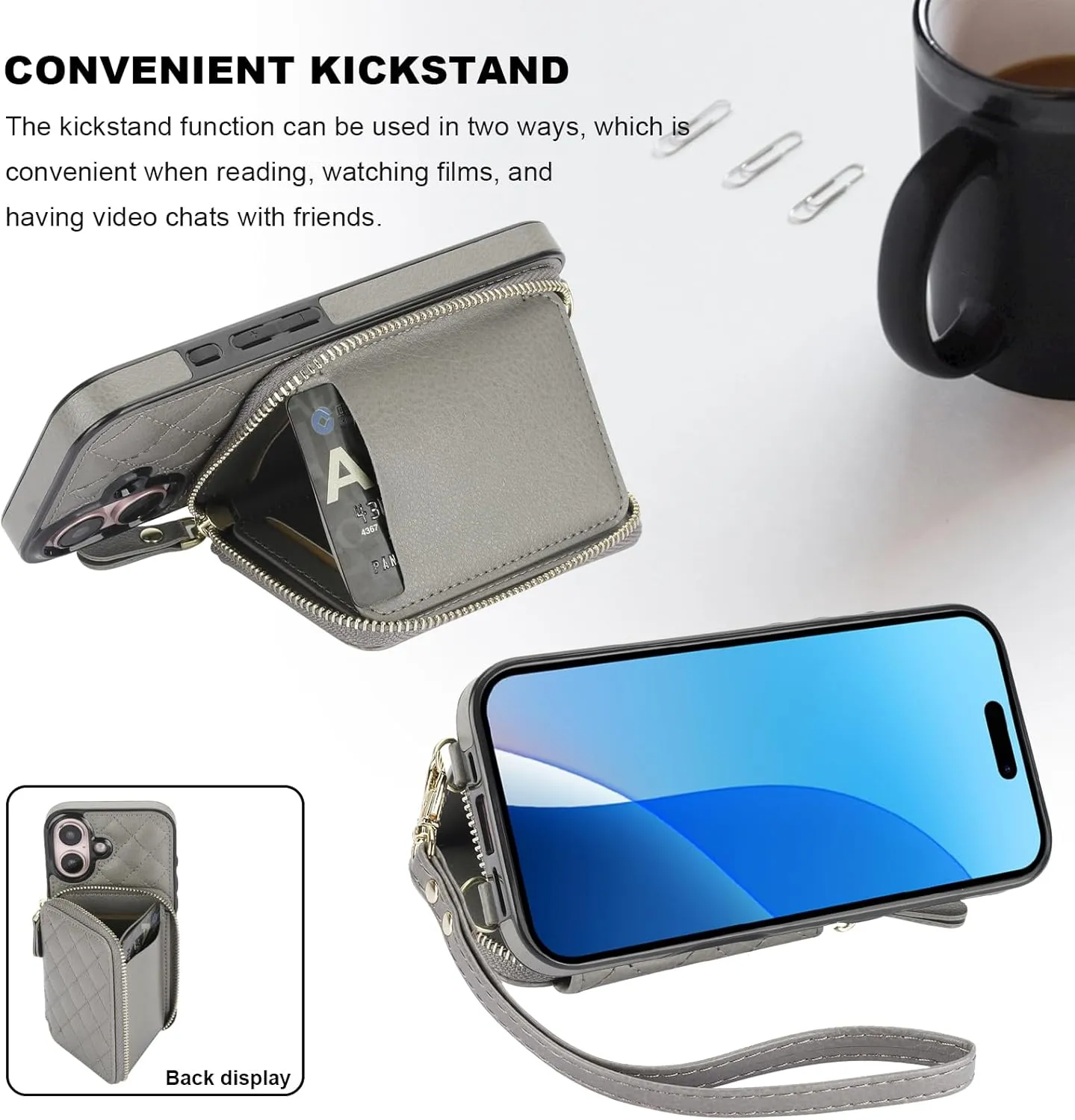 Bocasal Crossbody Wallet Case for iPhone 16, RFID Blocking PU Leather Zipper Handbag Purse Flip Cover, Kickstand Folio Case with Card Slots Holder Wrist Strap Lanyard 5G 6.1 Inch (Grey)