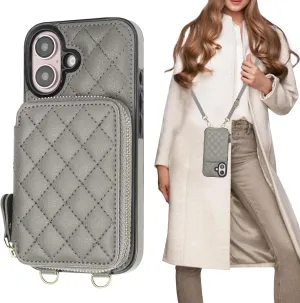 Bocasal Crossbody Wallet Case for iPhone 16, RFID Blocking PU Leather Zipper Handbag Purse Flip Cover, Kickstand Folio Case with Card Slots Holder Wrist Strap Lanyard 5G 6.1 Inch (Grey)