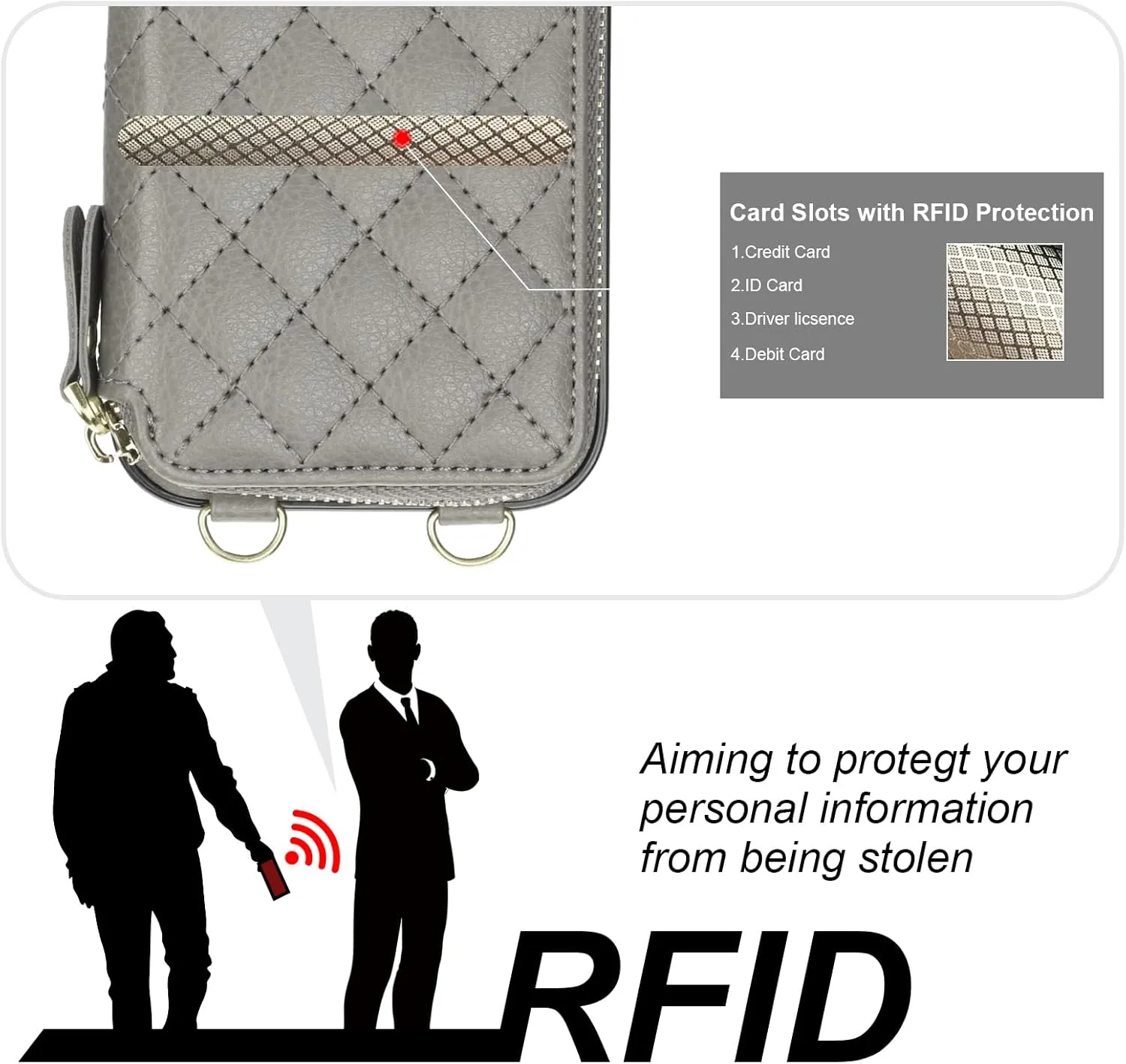 Bocasal Crossbody Wallet Case for iPhone 16, RFID Blocking PU Leather Zipper Handbag Purse Flip Cover, Kickstand Folio Case with Card Slots Holder Wrist Strap Lanyard 5G 6.1 Inch (Grey)