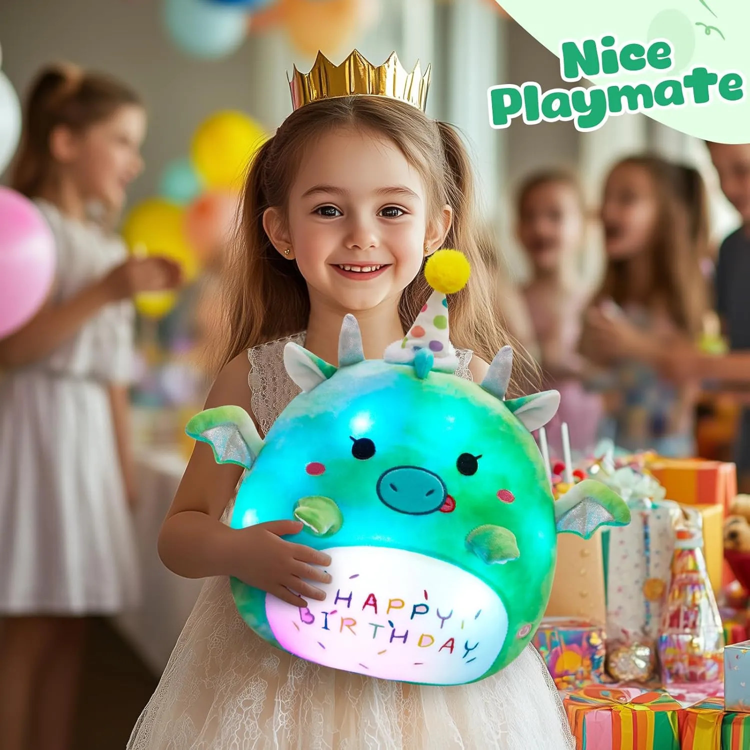 BSTAOFY Light up Music Happy Birthday Dinosaur Soft Plush Pillow Birthday Stuffed Animal Dinosaur Birthday Gift for Toddler Kids Girls, 15'