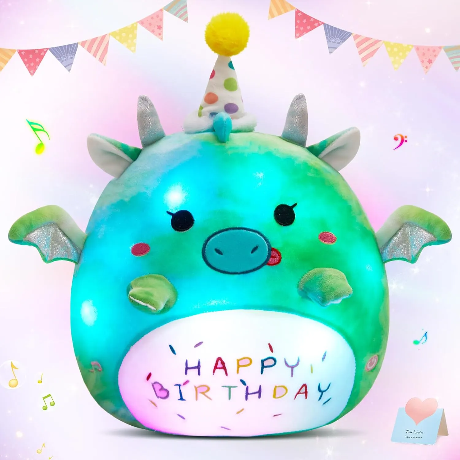 BSTAOFY Light up Music Happy Birthday Dinosaur Soft Plush Pillow Birthday Stuffed Animal Dinosaur Birthday Gift for Toddler Kids Girls, 15'