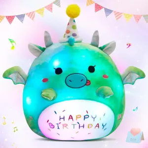 BSTAOFY Light up Music Happy Birthday Dinosaur Soft Plush Pillow Birthday Stuffed Animal Dinosaur Birthday Gift for Toddler Kids Girls, 15'