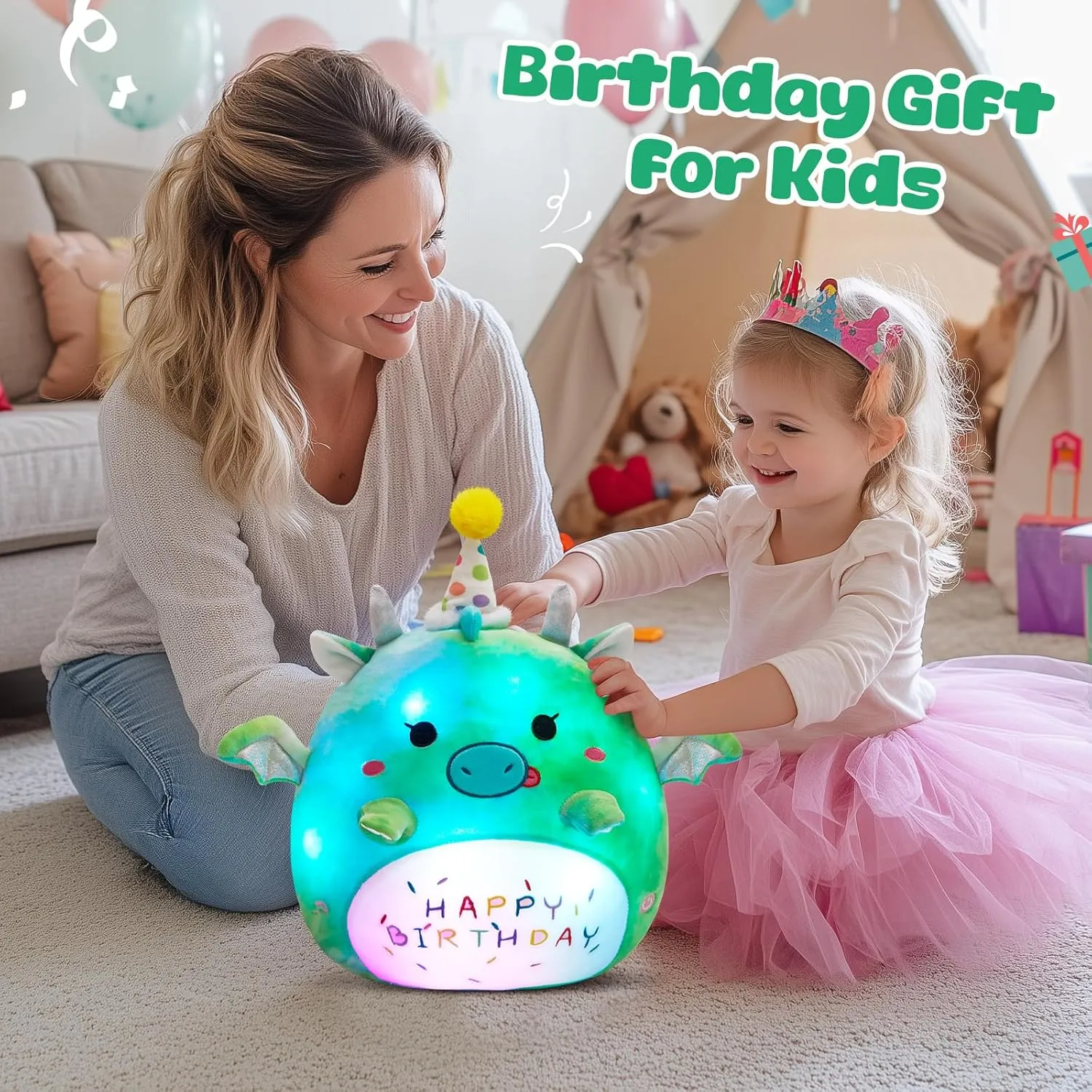BSTAOFY Light up Music Happy Birthday Dinosaur Soft Plush Pillow Birthday Stuffed Animal Dinosaur Birthday Gift for Toddler Kids Girls, 15'