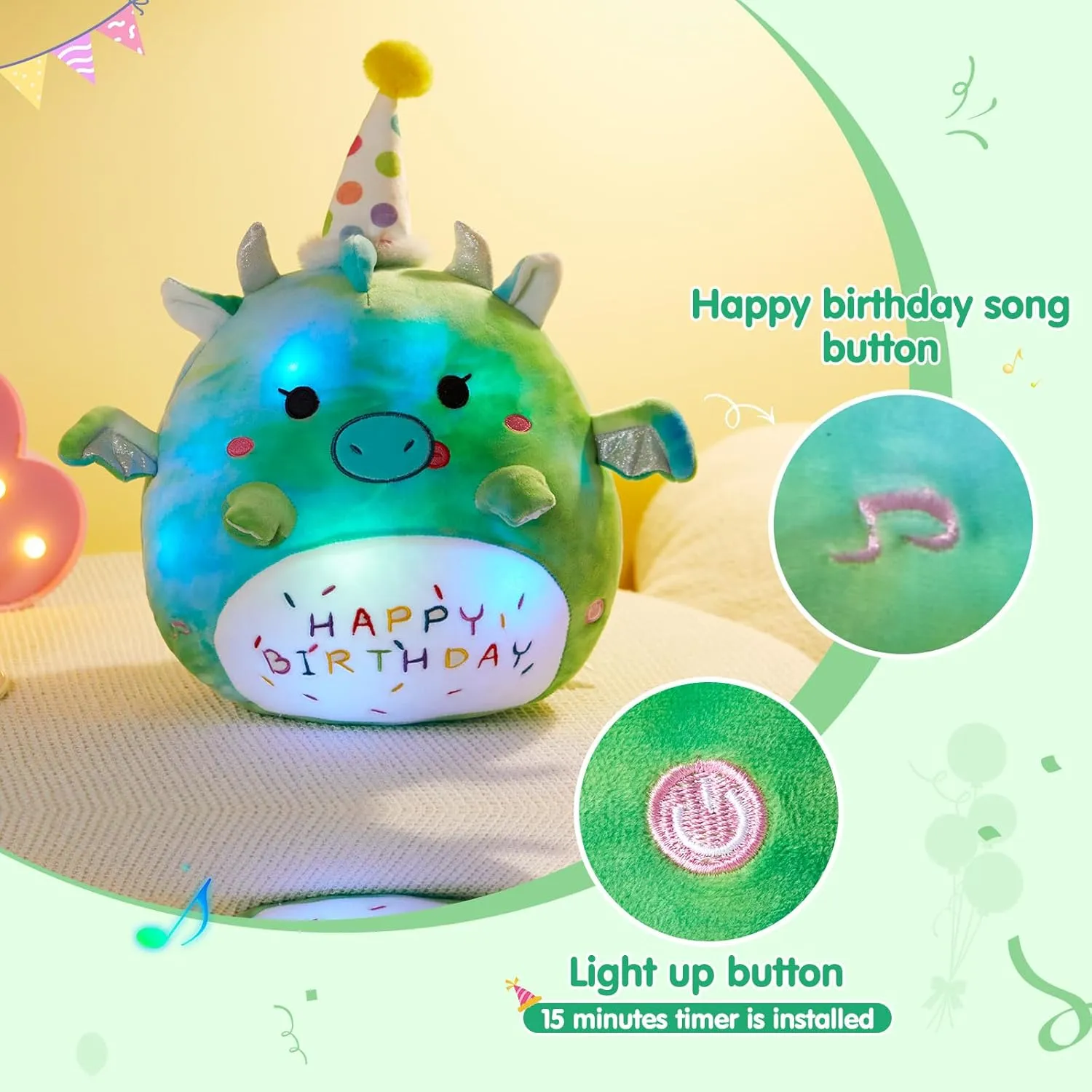 BSTAOFY Light up Music Happy Birthday Dinosaur Soft Plush Pillow Birthday Stuffed Animal Dinosaur Birthday Gift for Toddler Kids Girls, 15'