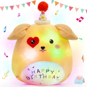 BSTAOFY Light up Music Happy Birthday Puppy Dog Soft Plush Pillow Stuffed Animal Gift for Toddler Kids Girls, 14''