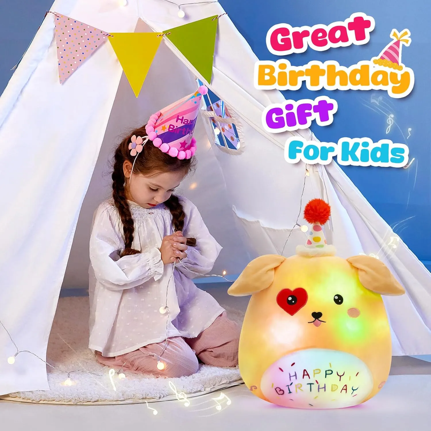BSTAOFY Light up Music Happy Birthday Puppy Dog Soft Plush Pillow Stuffed Animal Gift for Toddler Kids Girls, 14''