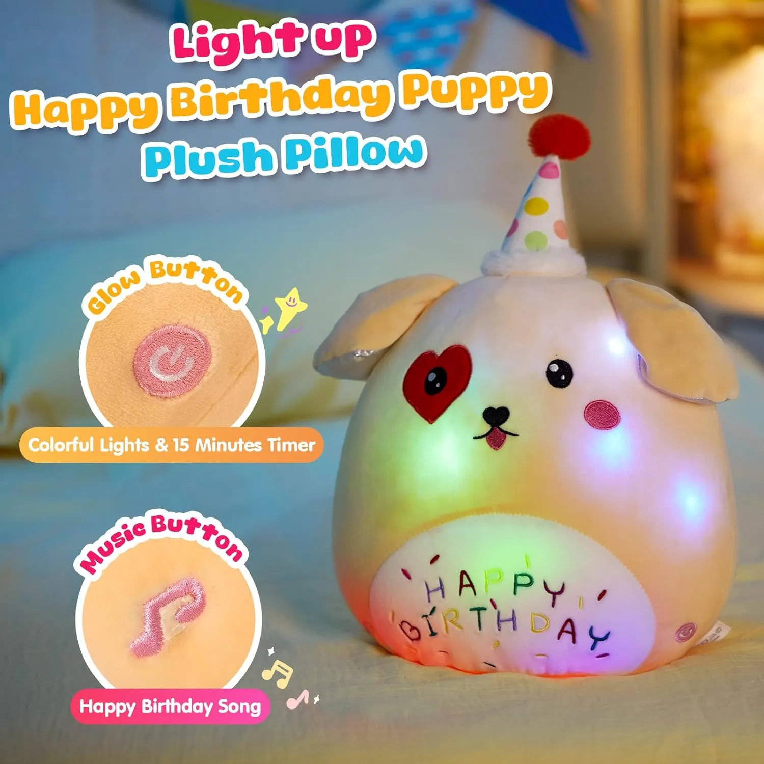 BSTAOFY Light up Music Happy Birthday Puppy Dog Soft Plush Pillow Stuffed Animal Gift for Toddler Kids Girls, 14''