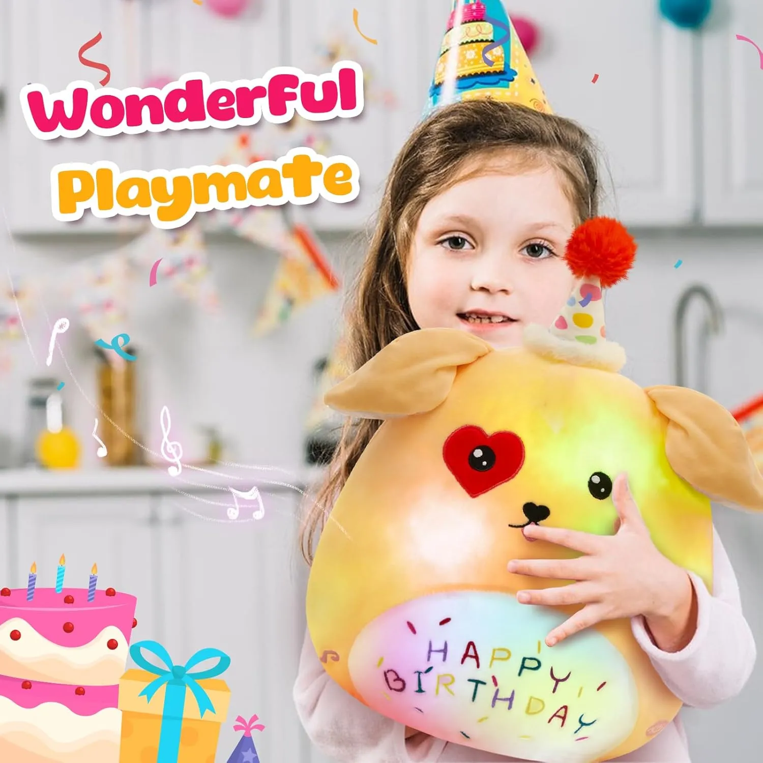 BSTAOFY Light up Music Happy Birthday Puppy Dog Soft Plush Pillow Stuffed Animal Gift for Toddler Kids Girls, 14''