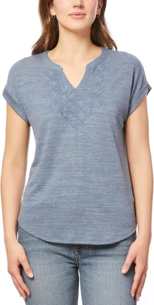 Cable & Gauge Cap Sleeve Embroidered Split Neck Top