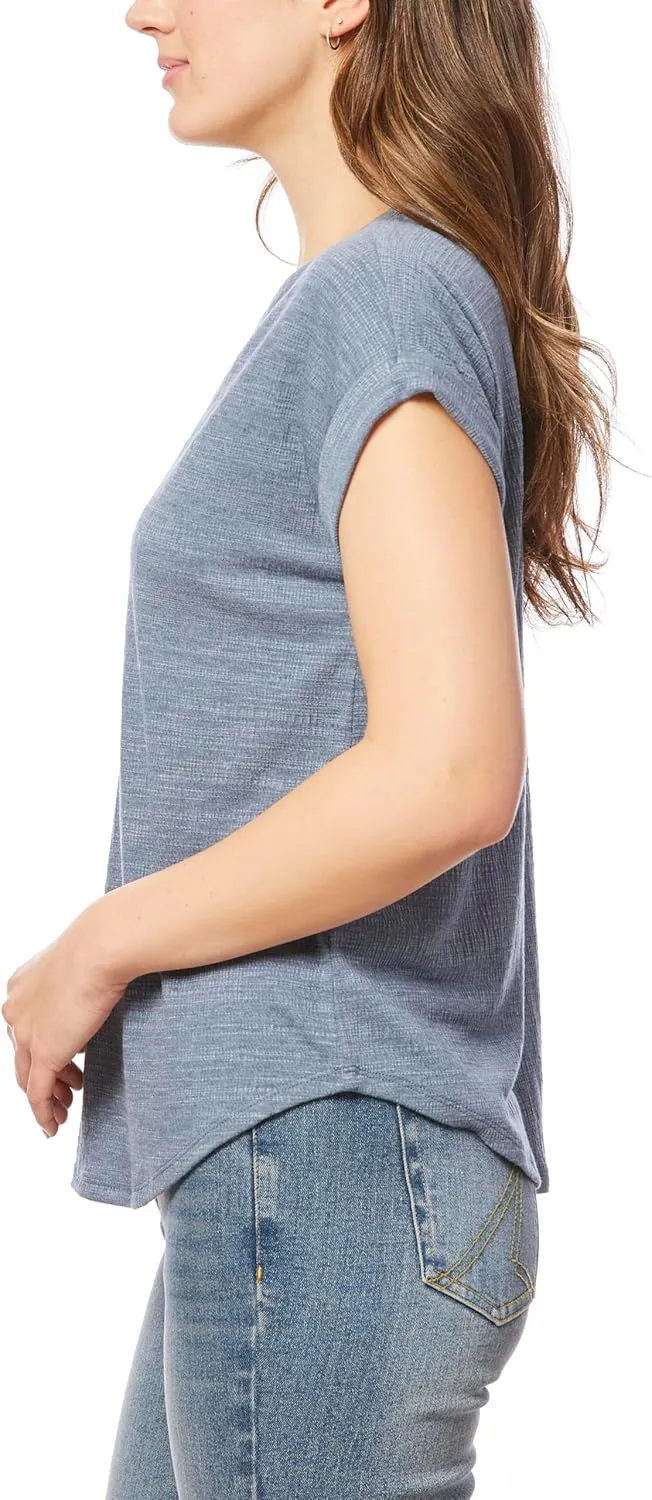 Cable & Gauge Cap Sleeve Embroidered Split Neck Top