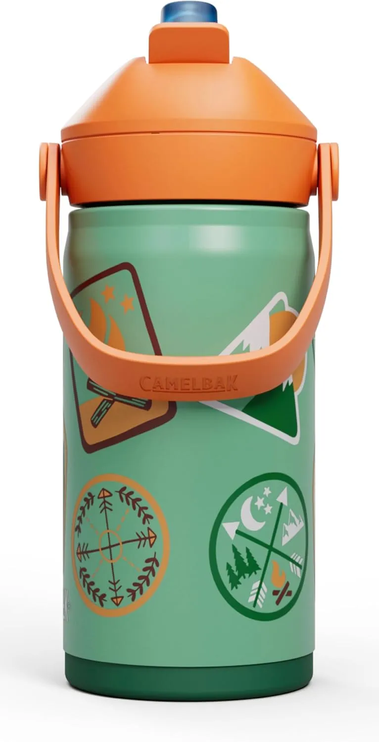 CamelBak Thrive Flip Straw Kids Bite Valve Insulated Stainless Steel Water Bottle Camp Badges, 12oz