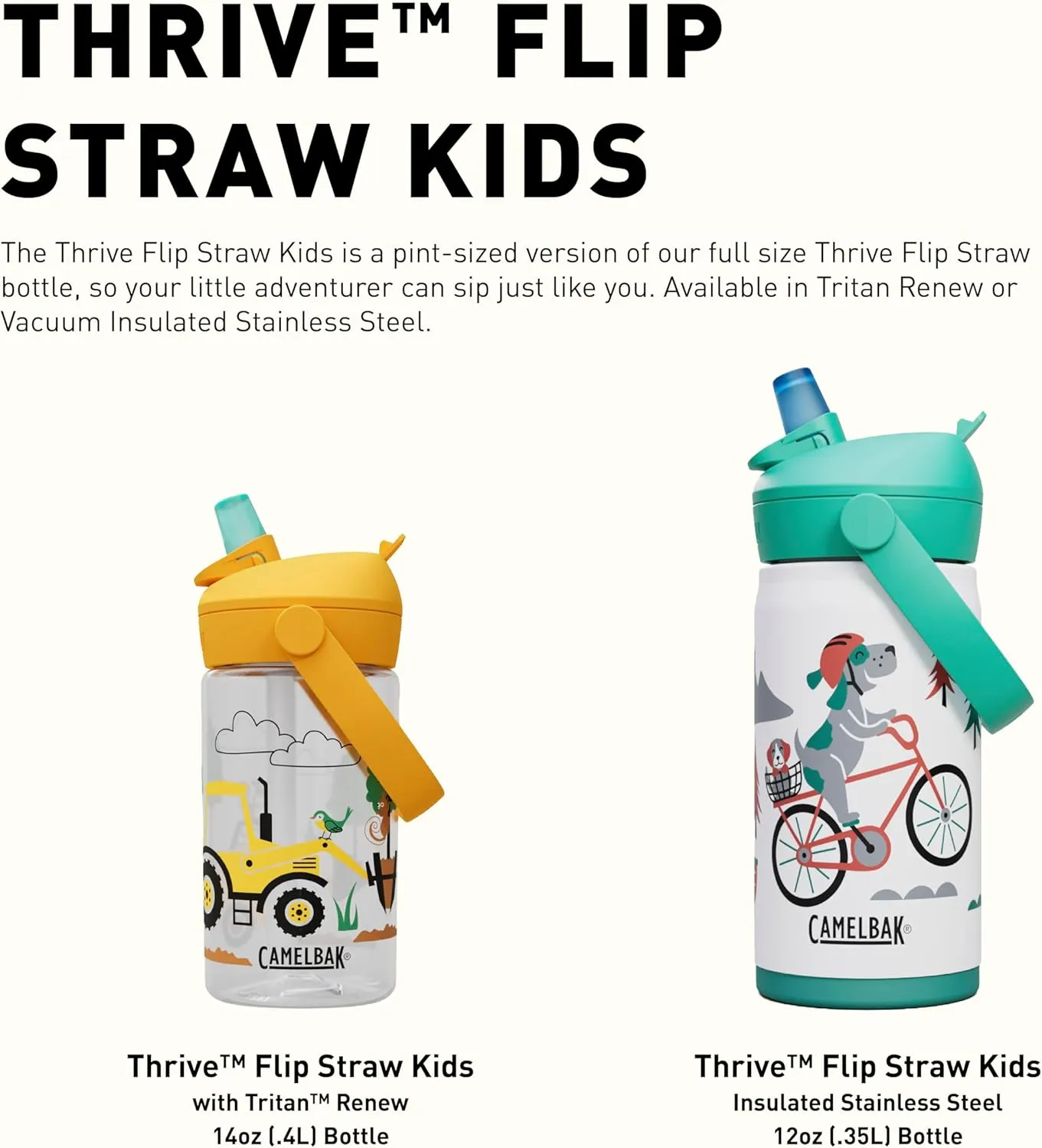 CamelBak Thrive Flip Straw Kids Bite Valve Insulated Stainless Steel Water Bottle Camp Badges, 12oz