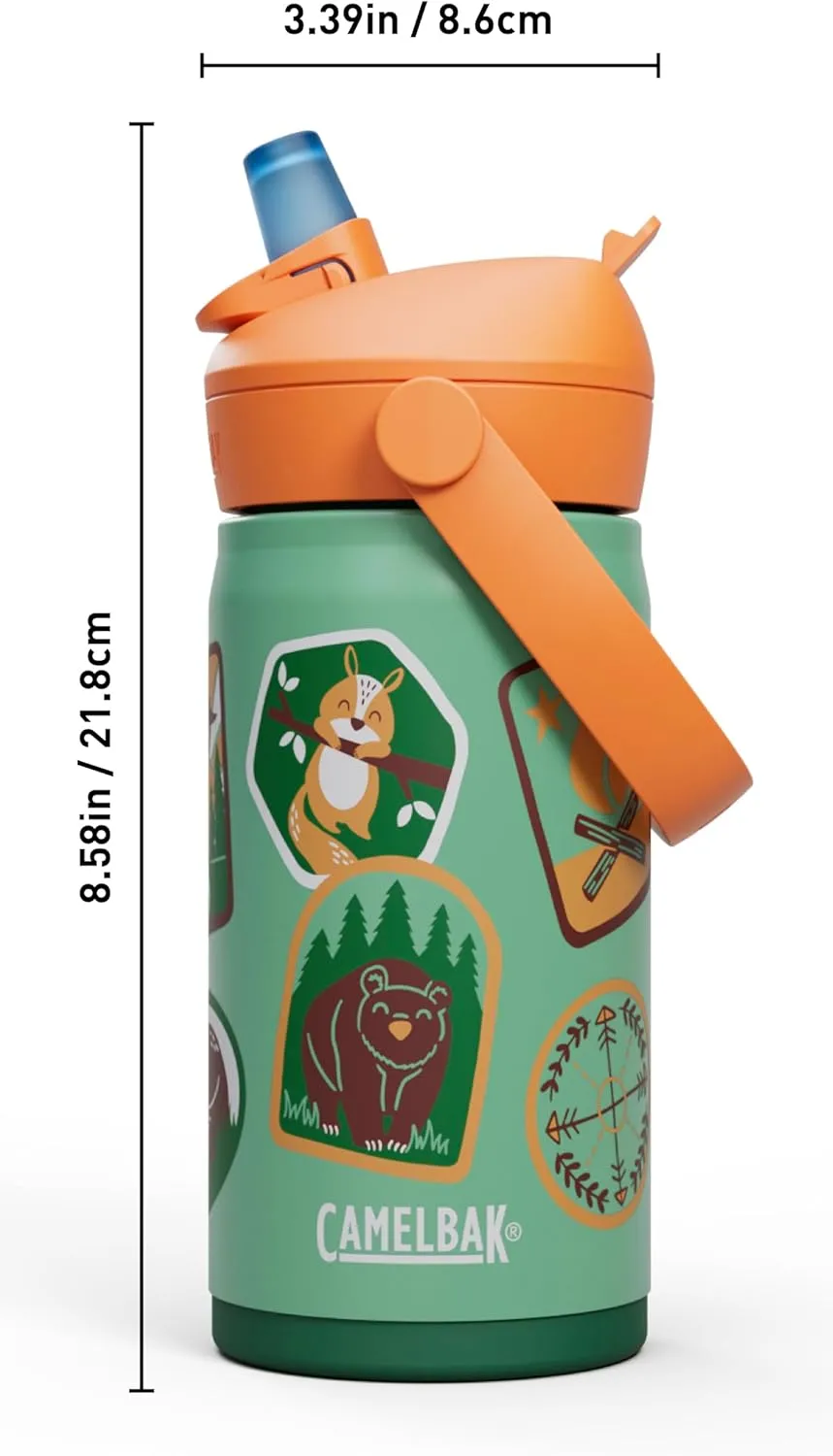 CamelBak Thrive Flip Straw Kids Bite Valve Insulated Stainless Steel Water Bottle Camp Badges, 12oz