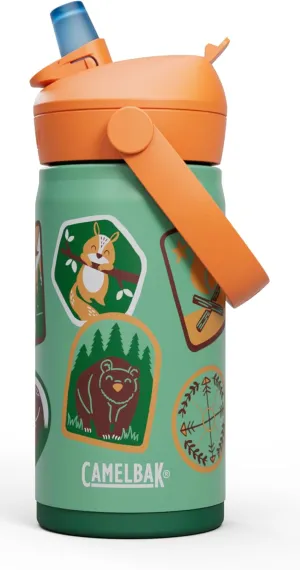 CamelBak Thrive Flip Straw Kids Bite Valve Insulated Stainless Steel Water Bottle Camp Badges, 12oz