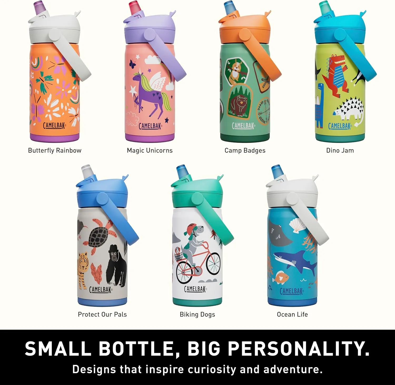 CamelBak Thrive Flip Straw Kids Bite Valve Insulated Stainless Steel Water Bottle Camp Badges, 12oz
