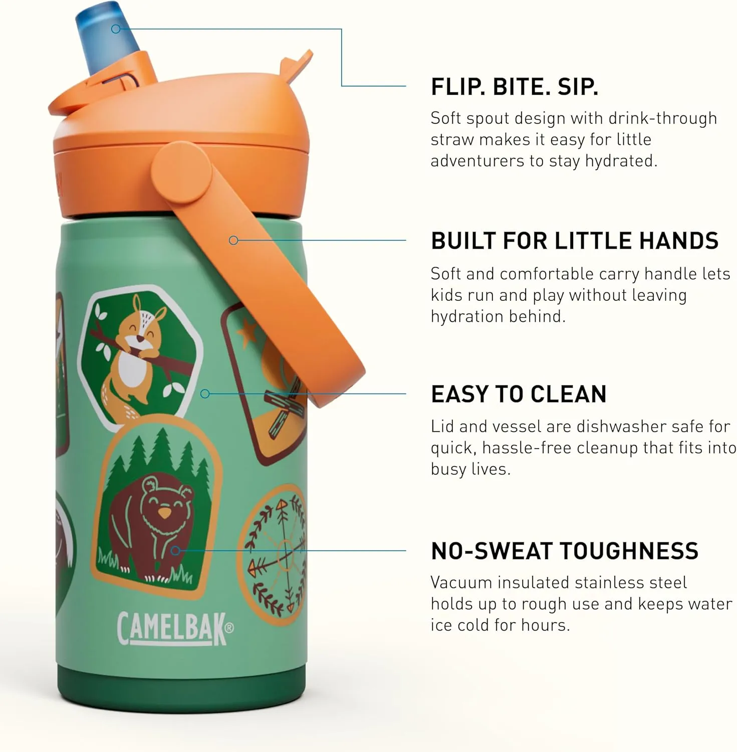 CamelBak Thrive Flip Straw Kids Bite Valve Insulated Stainless Steel Water Bottle Camp Badges, 12oz