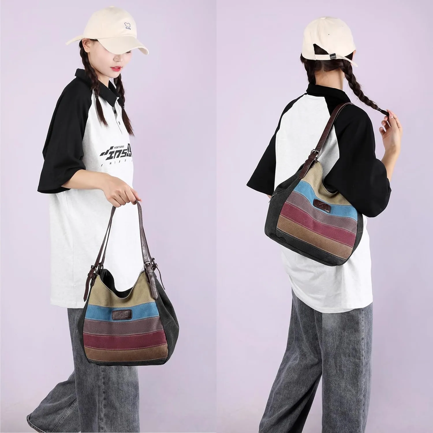 Canvas Tote Purse Shoulder Crossbody Bag for Women, Vintage Small Handbag Multi Pocket Purses Top Handle Work Bags