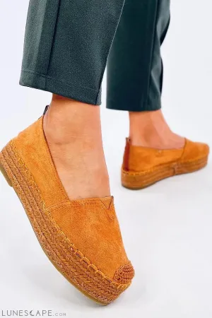 Caramel Eco-Suede Slip-on Flatform Espadrilles Braided Jute Platform & Cap Toe