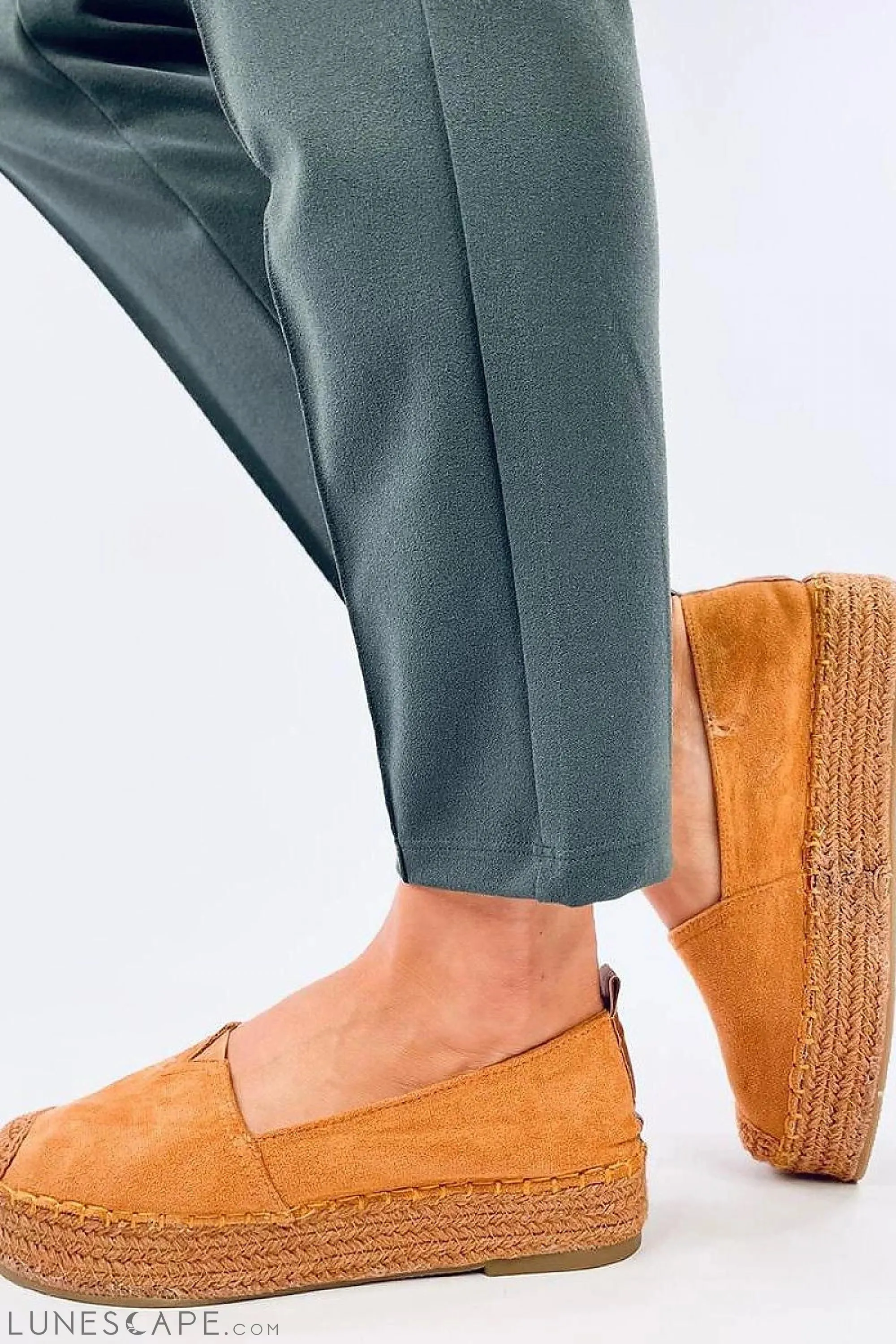 Caramel Eco-Suede Slip-on Flatform Espadrilles Braided Jute Platform & Cap Toe