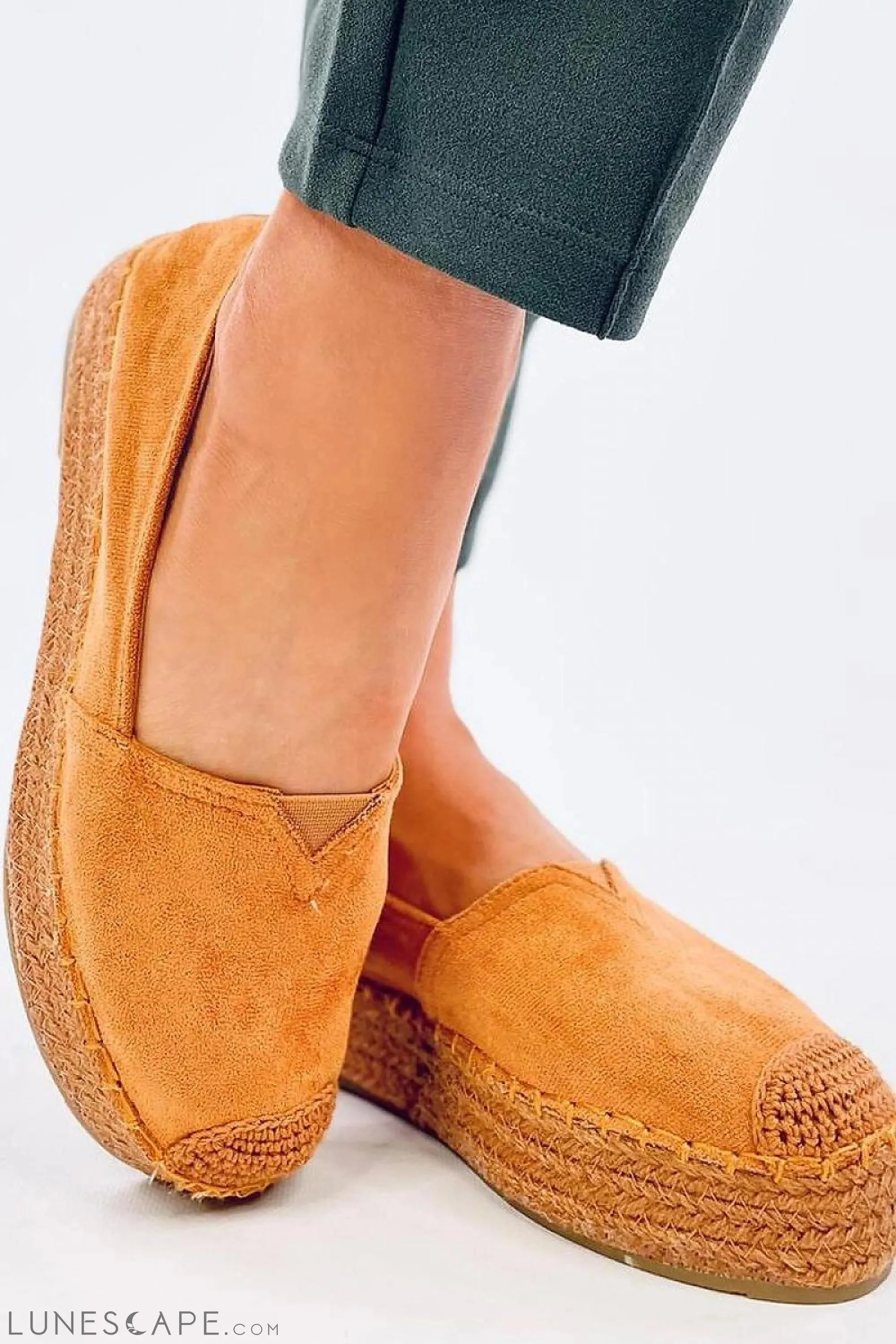 Caramel Eco-Suede Slip-on Flatform Espadrilles Braided Jute Platform & Cap Toe