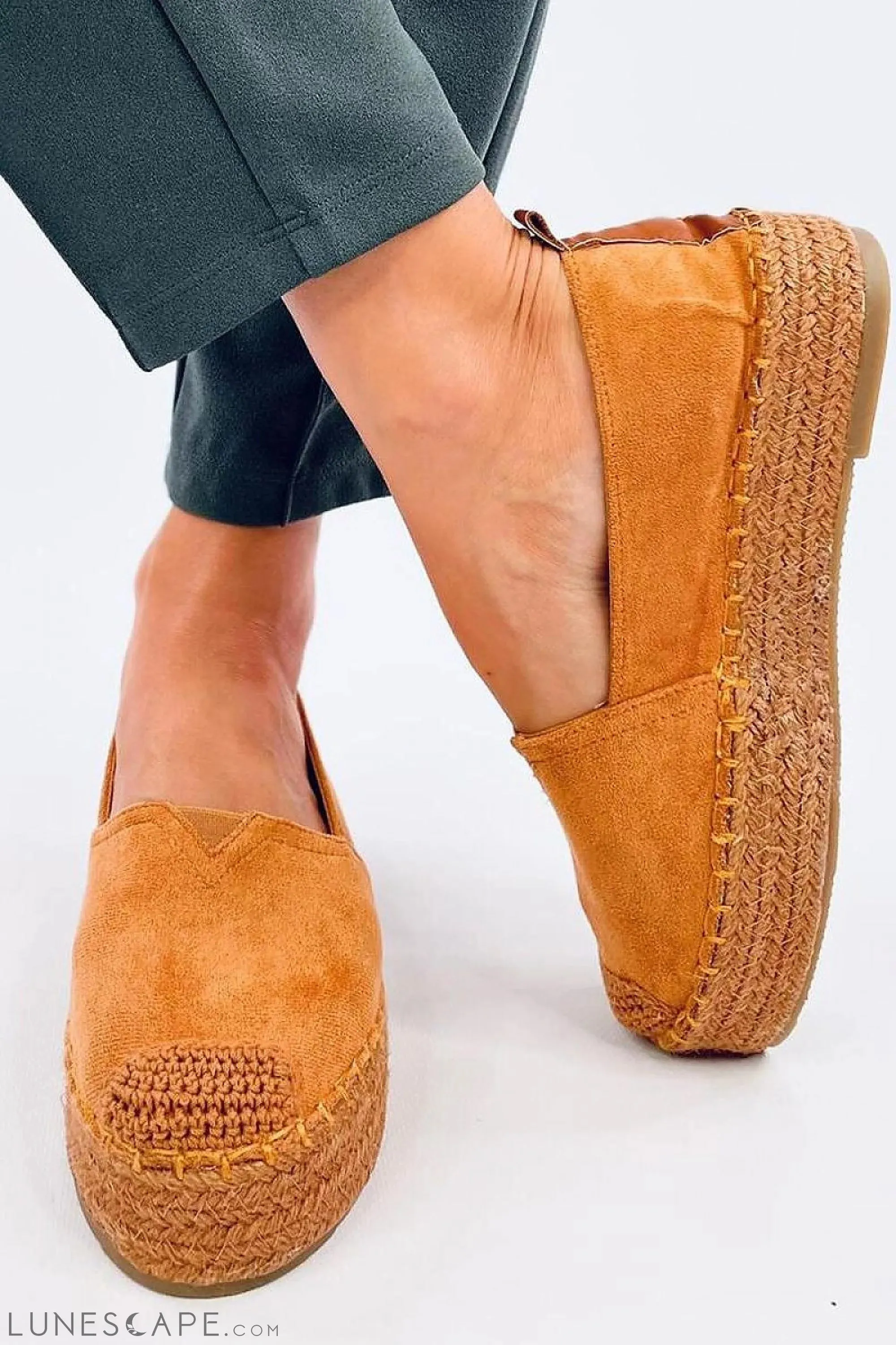 Caramel Eco-Suede Slip-on Flatform Espadrilles Braided Jute Platform & Cap Toe