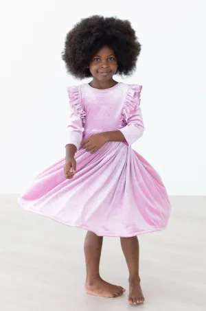 CARNATION PINK VELVET RUFFLE TWIRL DRESS
