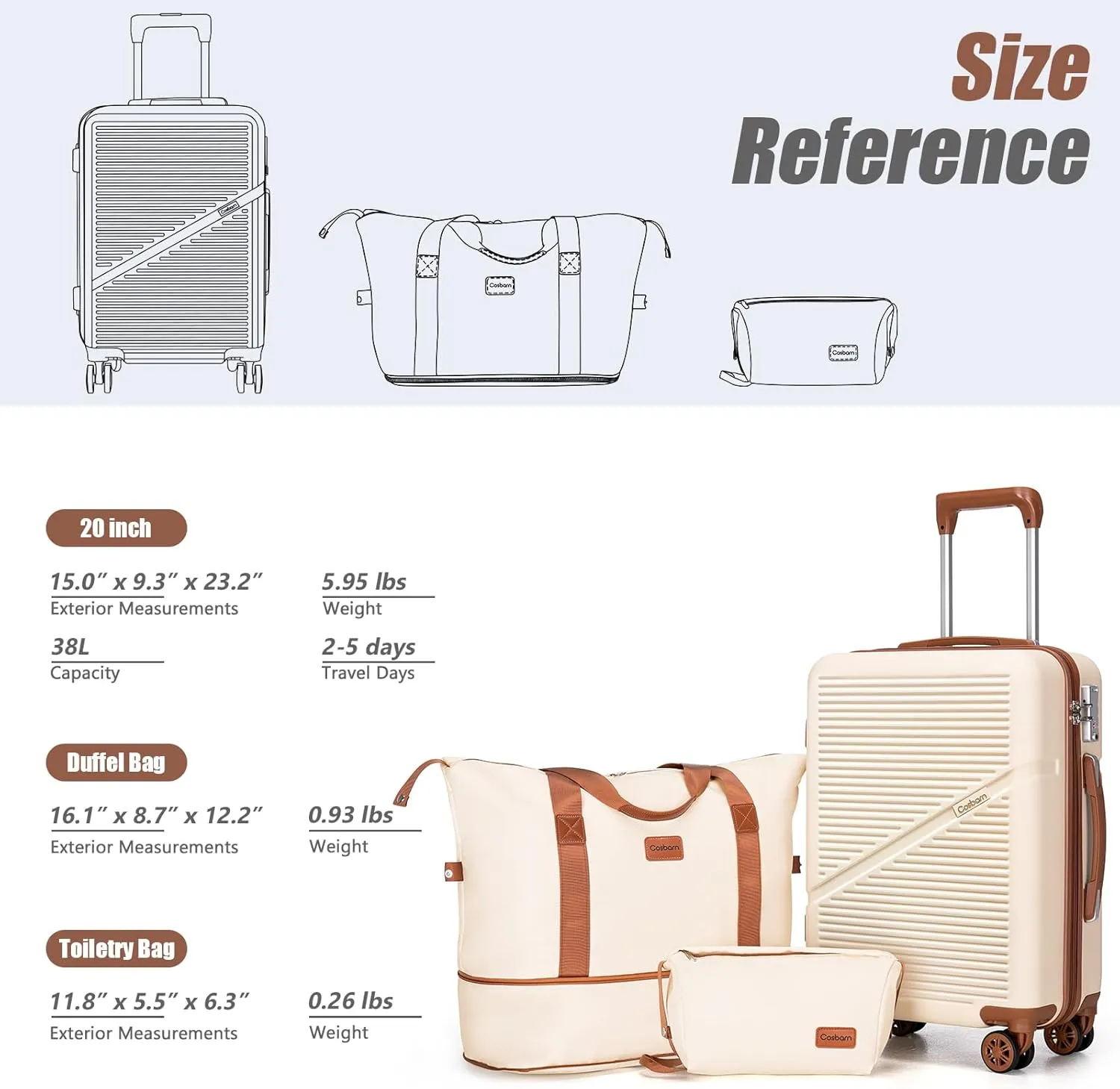 Carry On Luggage Set 22x14x9 Airline Approved, 3 Piece 20 Inch Lightweight ABS Hardside Suitcases with Wheels and TSA Lock, Durable Waterproof Travel Suitcase for Men Women