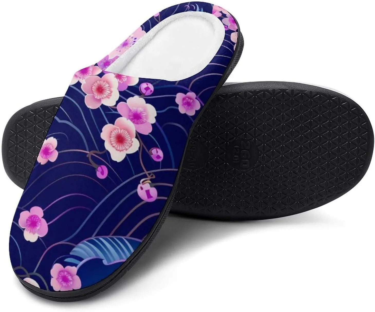 Cherry Blossoms Japanese Waves Casual Mens Slippers Warm Soft Comfy Slip On House Shoes Indoor Outdoor