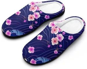 Cherry Blossoms Japanese Waves Casual Mens Slippers Warm Soft Comfy Slip On House Shoes Indoor Outdoor