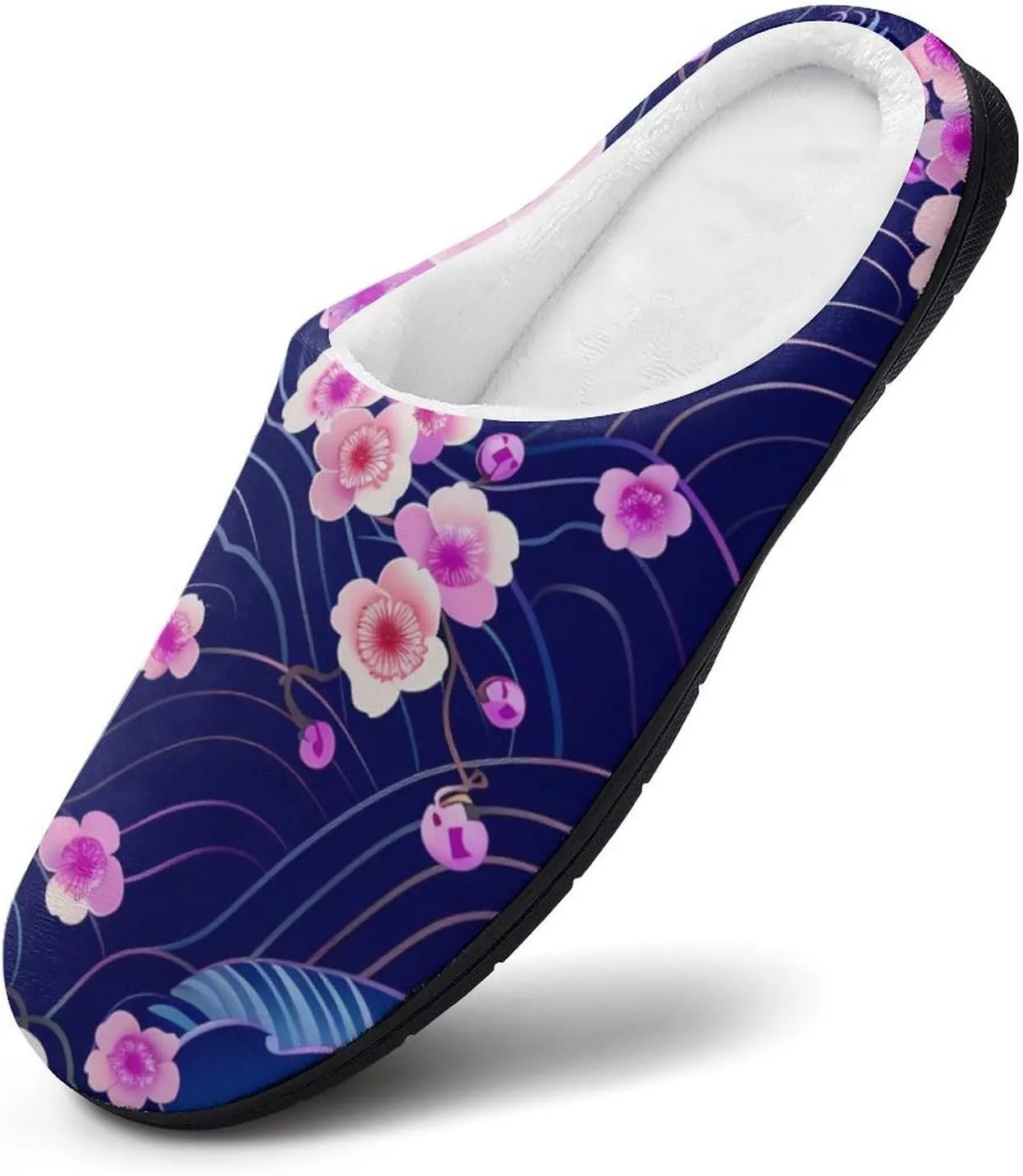 Cherry Blossoms Japanese Waves Casual Mens Slippers Warm Soft Comfy Slip On House Shoes Indoor Outdoor