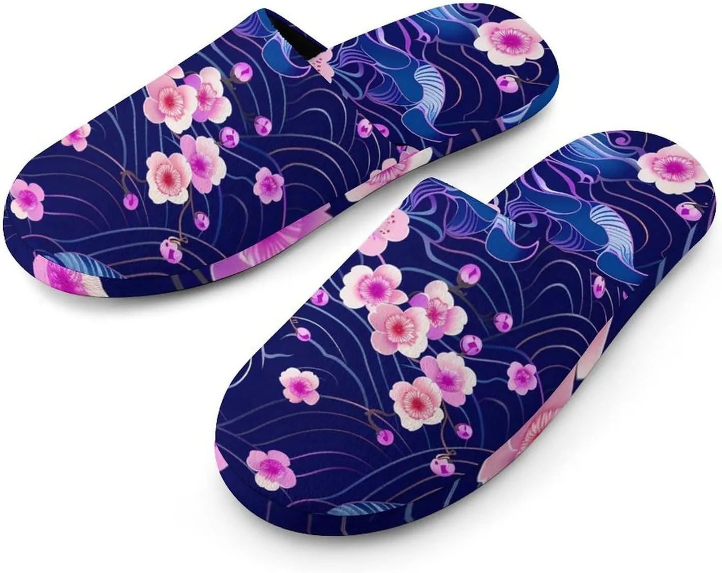 Cherry Blossoms Japanese Waves Warm Mens Slippers Winter Slip On Breathable Lightweight House Shoes Washable Indoor