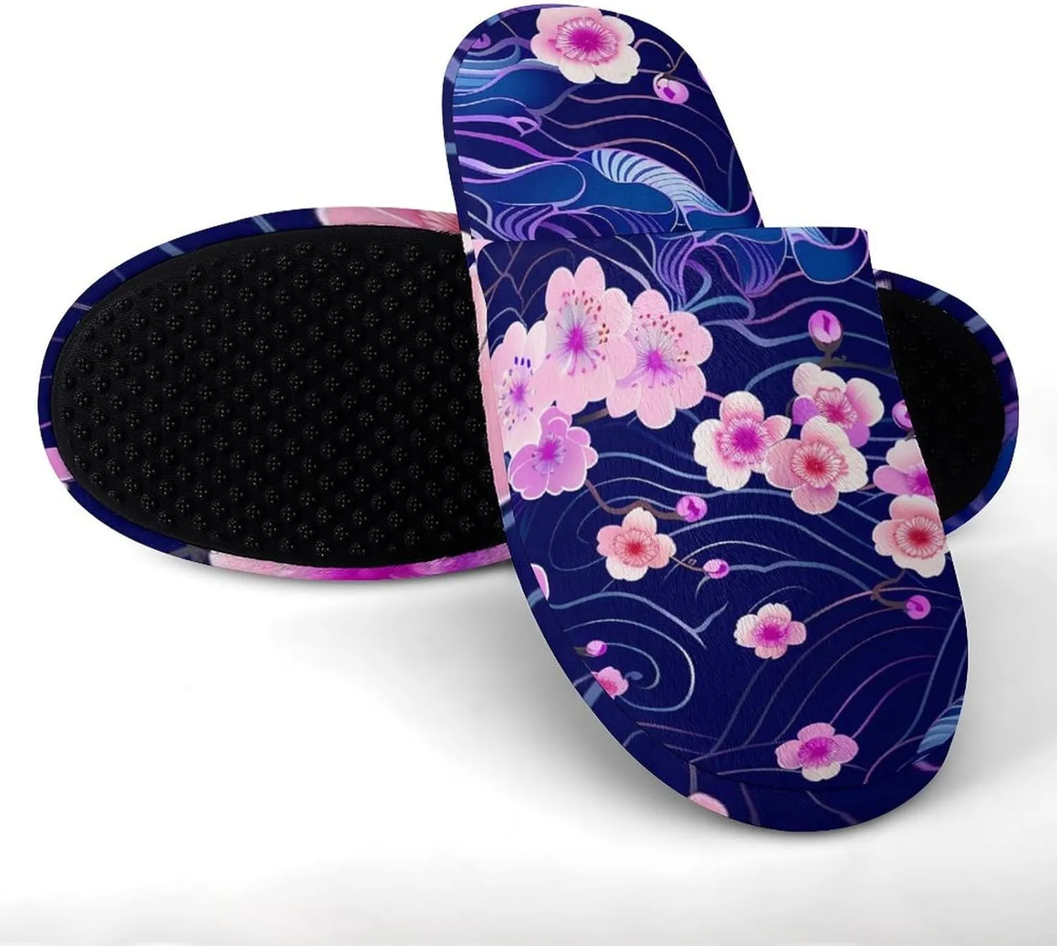 Cherry Blossoms Japanese Waves Warm Mens Slippers Winter Slip On Breathable Lightweight House Shoes Washable Indoor