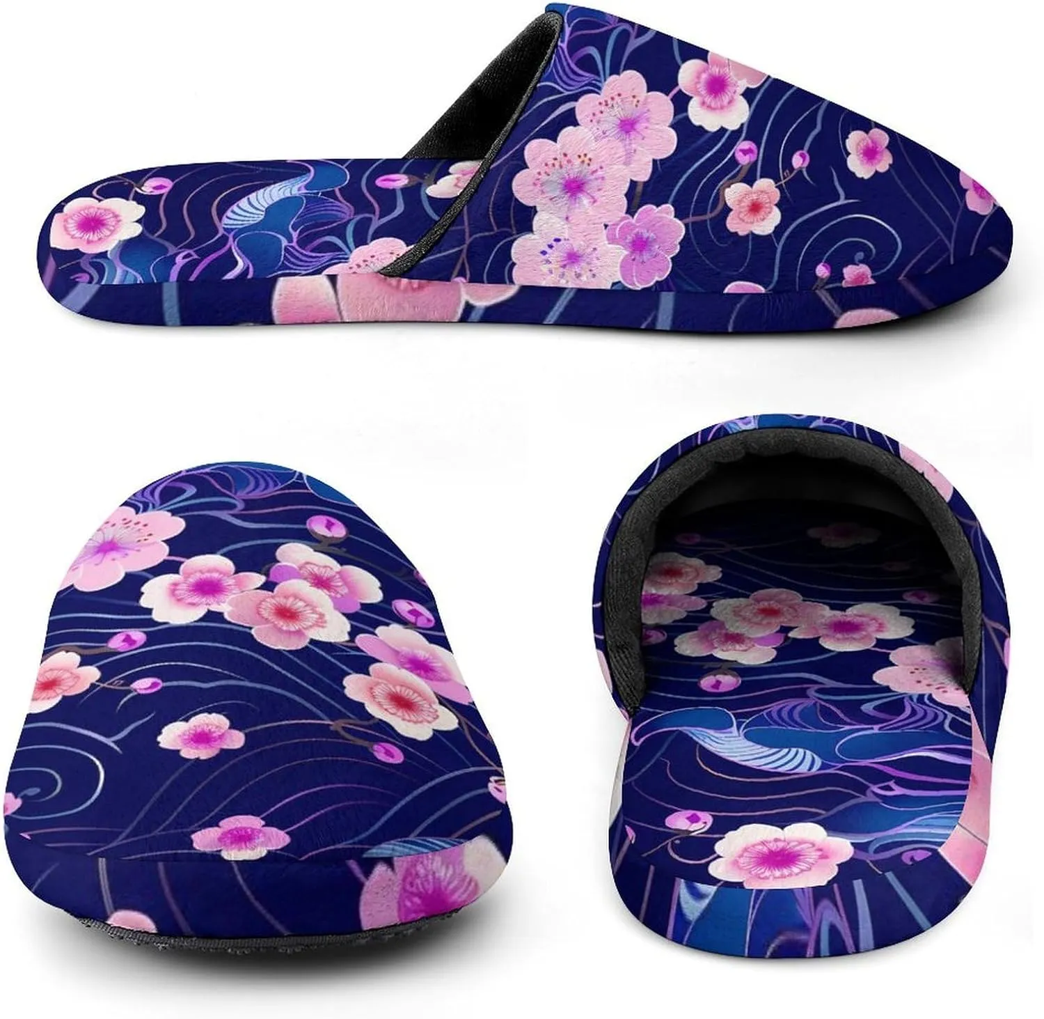 Cherry Blossoms Japanese Waves Warm Mens Slippers Winter Slip On Breathable Lightweight House Shoes Washable Indoor