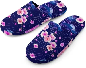 Cherry Blossoms Japanese Waves Warm Mens Slippers Winter Slip On Breathable Lightweight House Shoes Washable Indoor