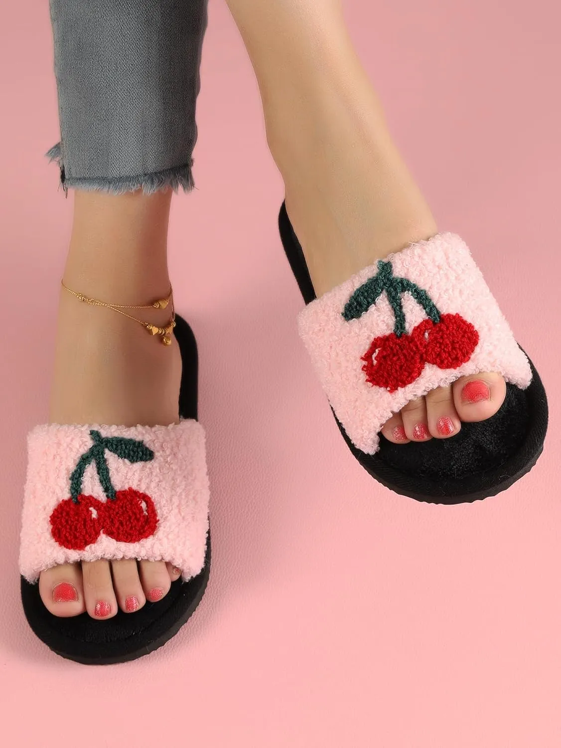Cherry Slippers Women Slippers for Home House Bedroom Sandals Warm Fuzzy Plush Slides Flip Flop Indoor Outdoor Cherries Fruit Shoes